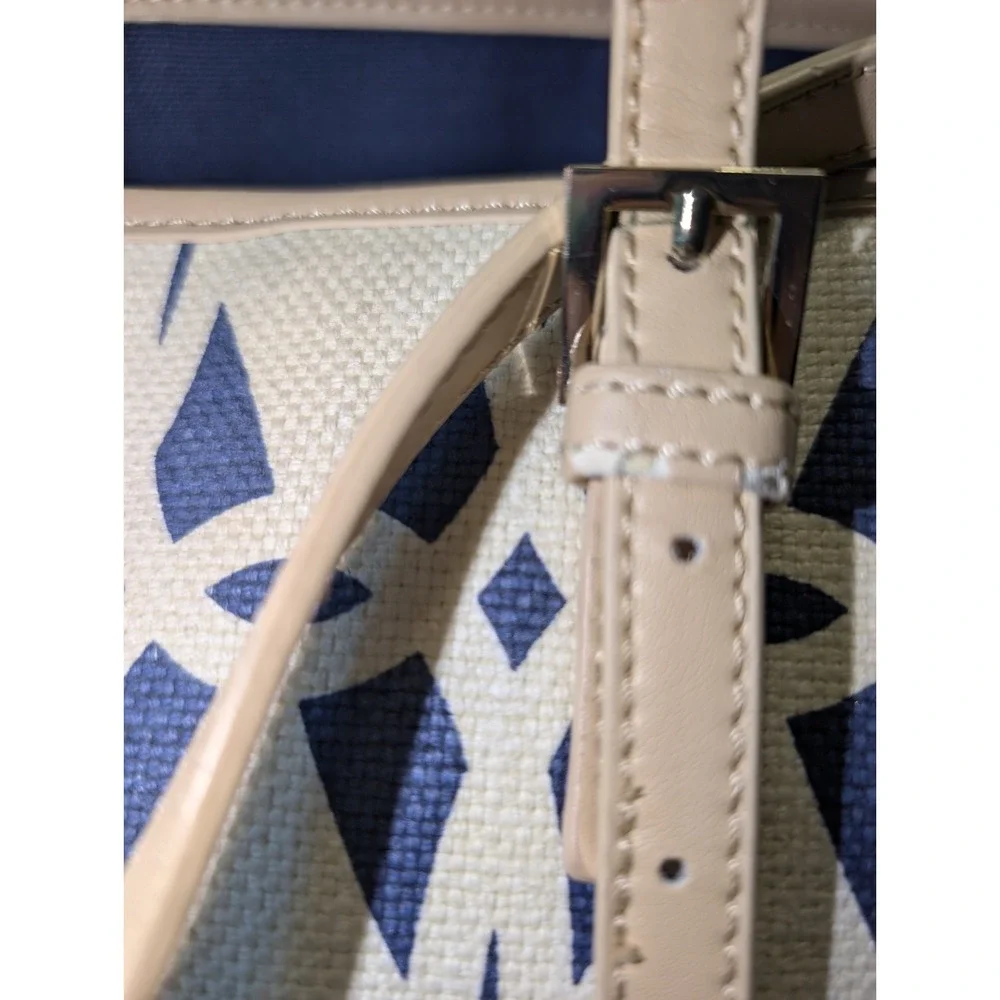 Spartina 449 Jetetter Tote Bag In Navy & Ivory Linen w/Tan Leather Trim Preppy